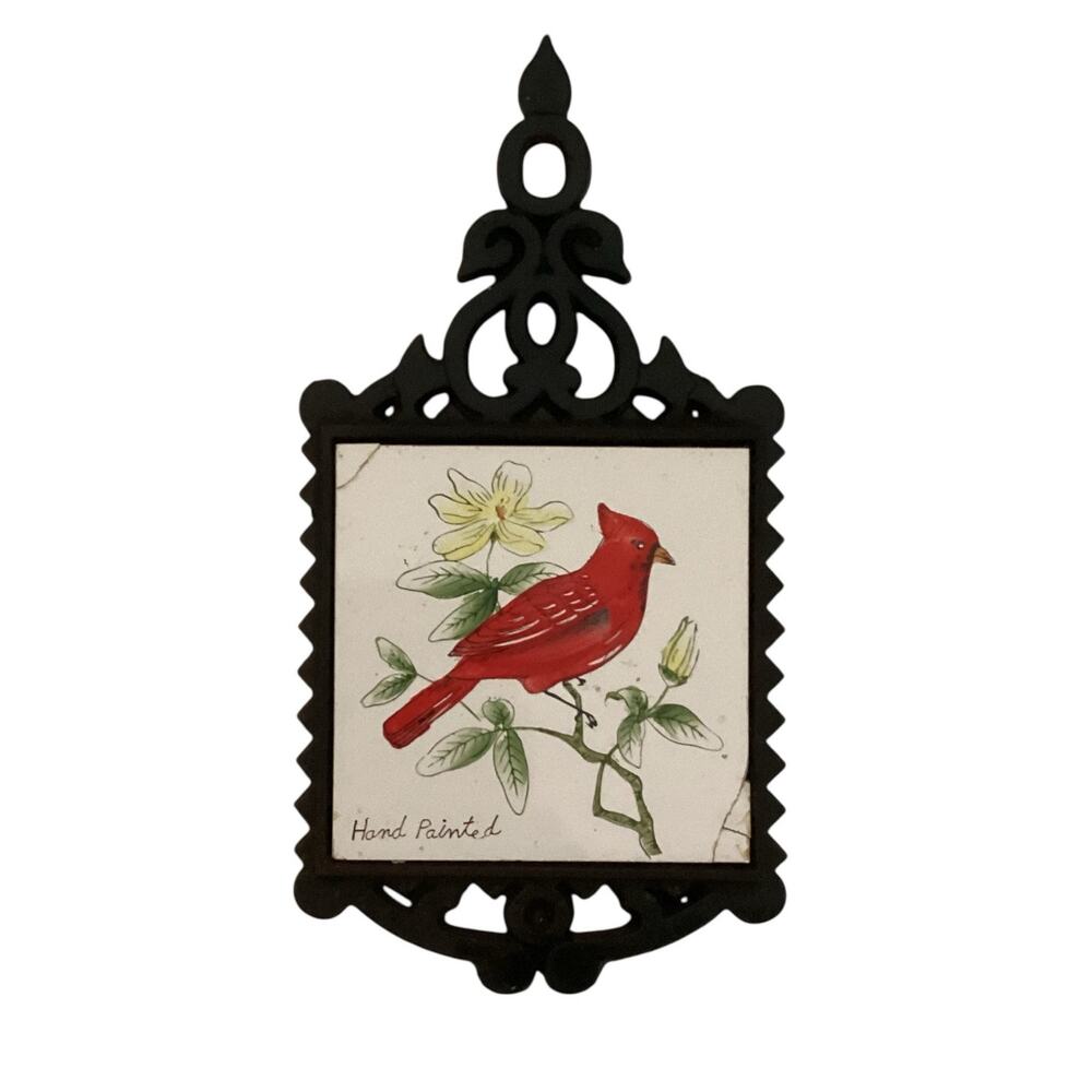 Vintage Hand Painted Cast Iron Cardinal Trivet Hot Pad See Description